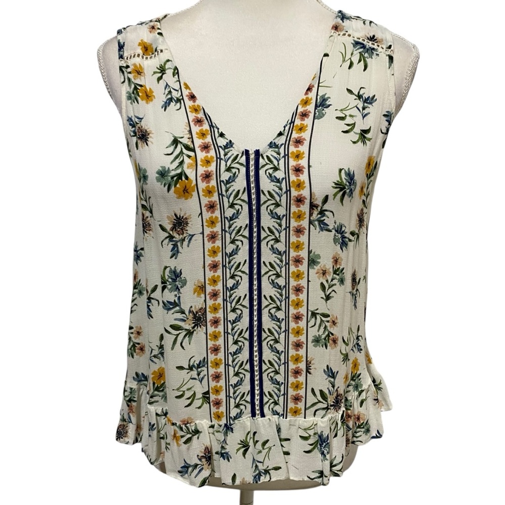 Lucky Brand Women’s Tank Top Floral V-Neck Cream Blue Sleeveless Size Small - Picture 15 of 16